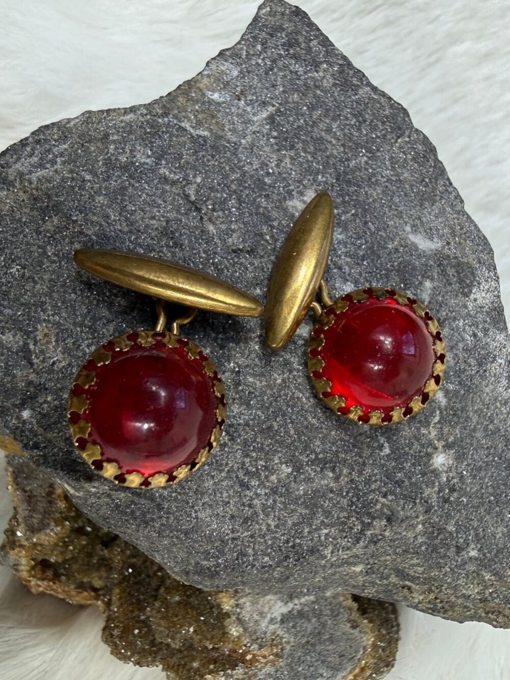 Antique Red Glass Dome Gold Tone Cufflinks Cuff Links .75" X .75"